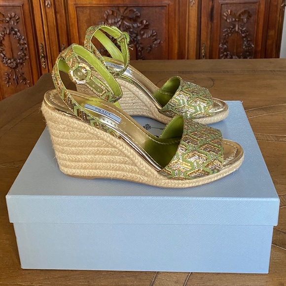 🇺🇸🇺🇦Prada Metallic Brocade Platform Espadrille Sandals - Picture 2 of 12